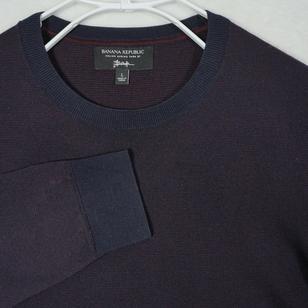 Banana‎ Republic Mens Italian Merino Wool Birdseye Sweater Navy Burgundy Large